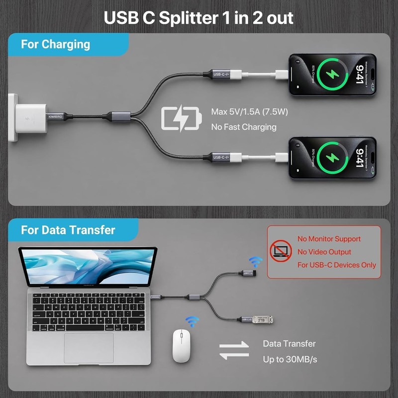 USB C Splitter 1 in 2 Out Charging Data Transfer Cable for Laptop Mac Smartphone gallery
