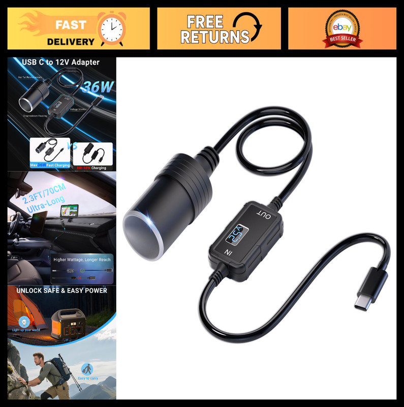 USB C to 12V Cigarette Lighter Adapter, 36W Type C Power Converter for Dash Cam,