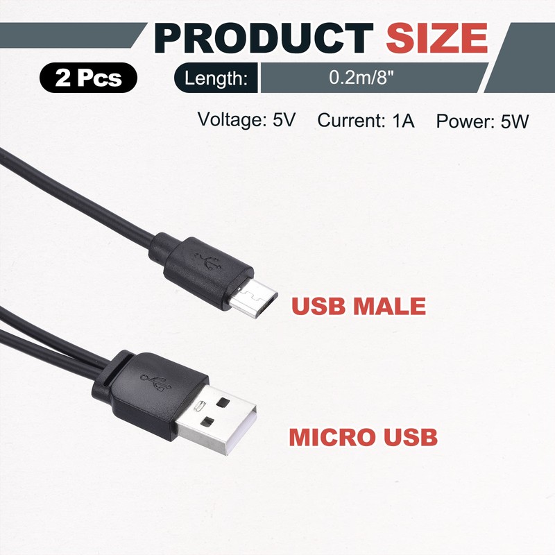 2Pcs Multi Charging Cable, 2 in 1 USB A to Micro USB Splitter 8", Black gallery