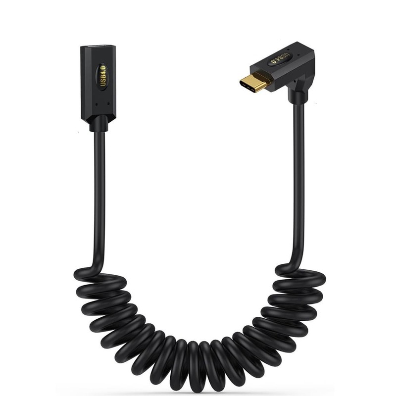USB 4.0 Type C Extension Coiled Cable 40Gbps 240W 8K Angle Male Female Cord