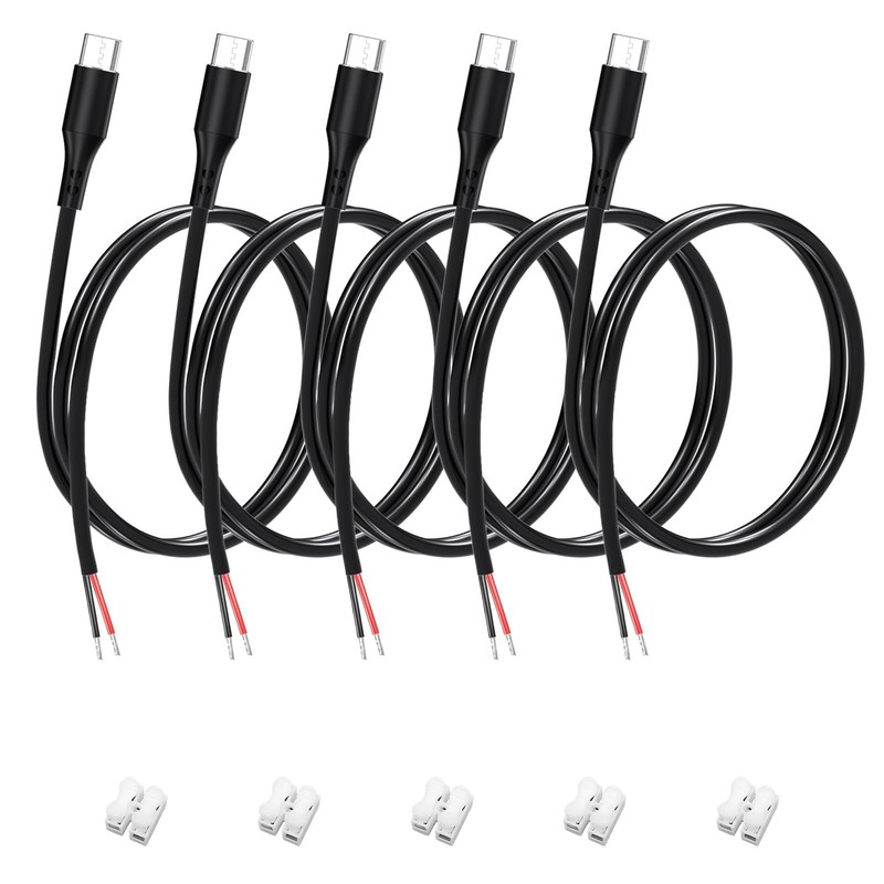 5 PCS 1M/3.2FT USB C To 2 Pin Bare Wire 22AWG Power Pigtail Cable 5V 3A