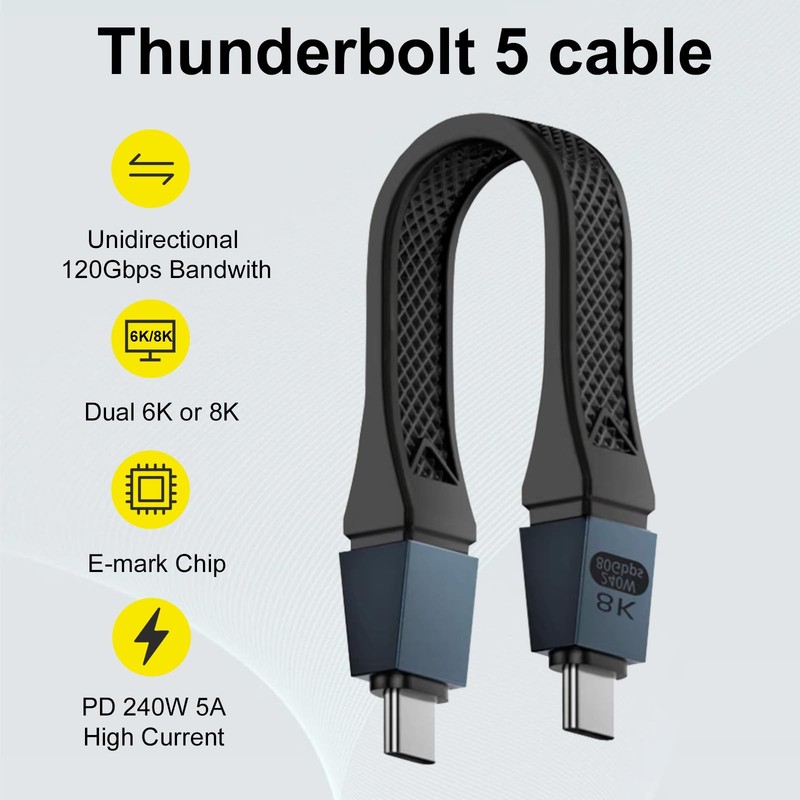 Thunderbolt 5 Cable 5Inch 80Gbps 120Gbps 240W 16K USB C Cord For MacBook gallery