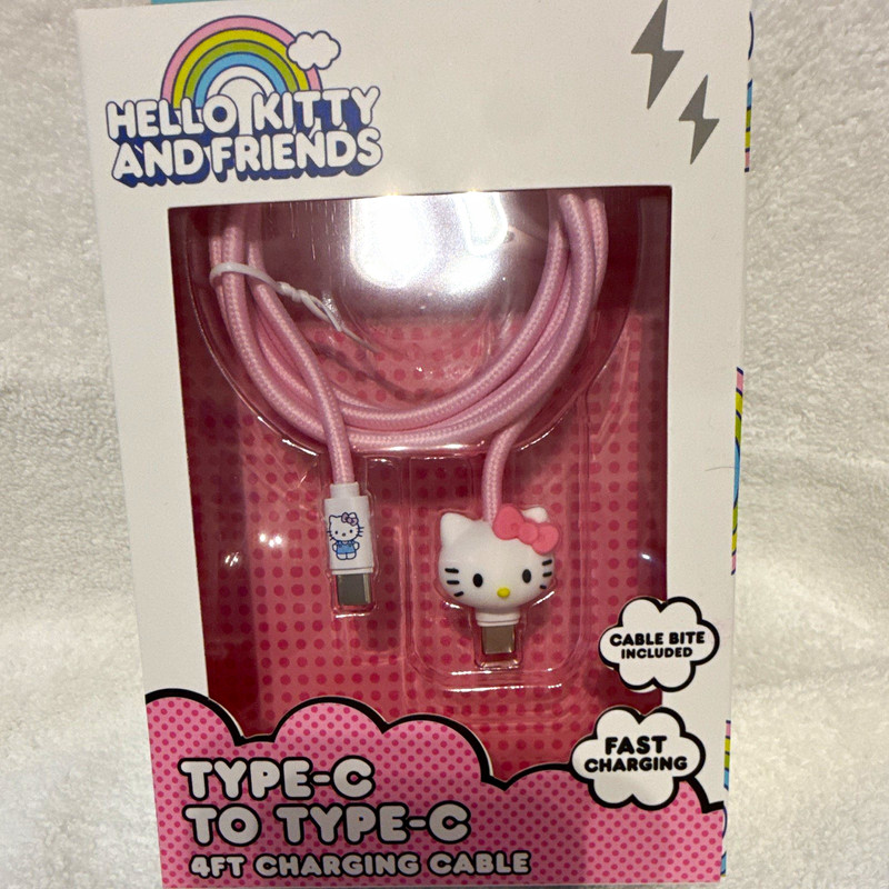Hello Kitty and Friends USB-C to USB-C 4ft Fast Charge Cable, Pink + Cable Bite