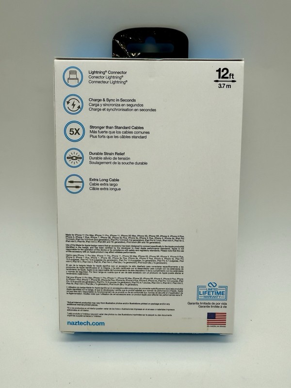Naztech USB to Lightning Charger Cable 12ft Apple MFi Certified Data Sync White gallery