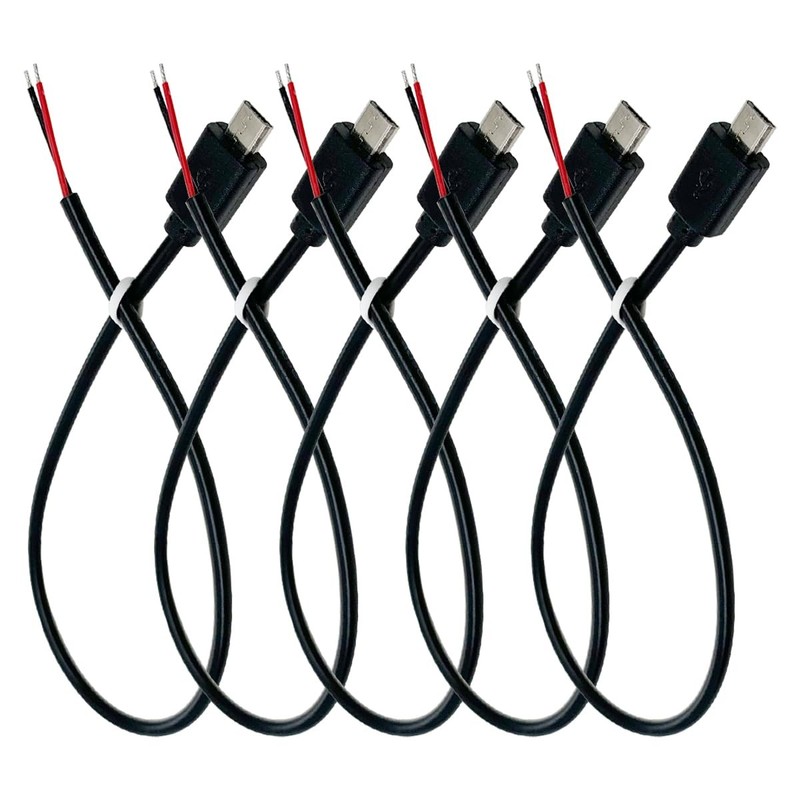 5 PCS 1Ft 30cm 22AWG Micro USB Male 2Pin Pigtail Cable 3A 5V Bare Wire Black
