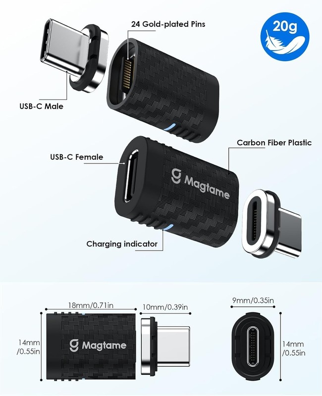Magnetic USB C Adapter 24Pin 240W Carbon Fiber Plastic 1 Pack, Straight Type-... gallery