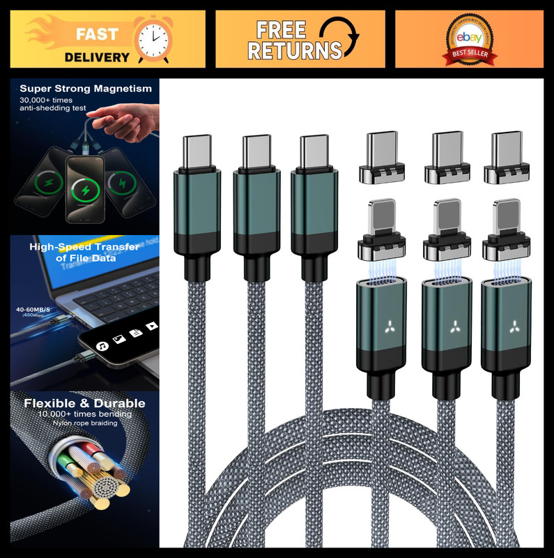 100W USB C Magnetic Charging Cable - 2 in 1 Fast Charger, 3 Pack (4/6.6FT) - 5A,