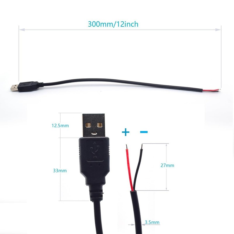USB A Male Pigtail 2 Pin Bare Wire Power Extension Cable 5V 5A 1FT 3 PCS gallery