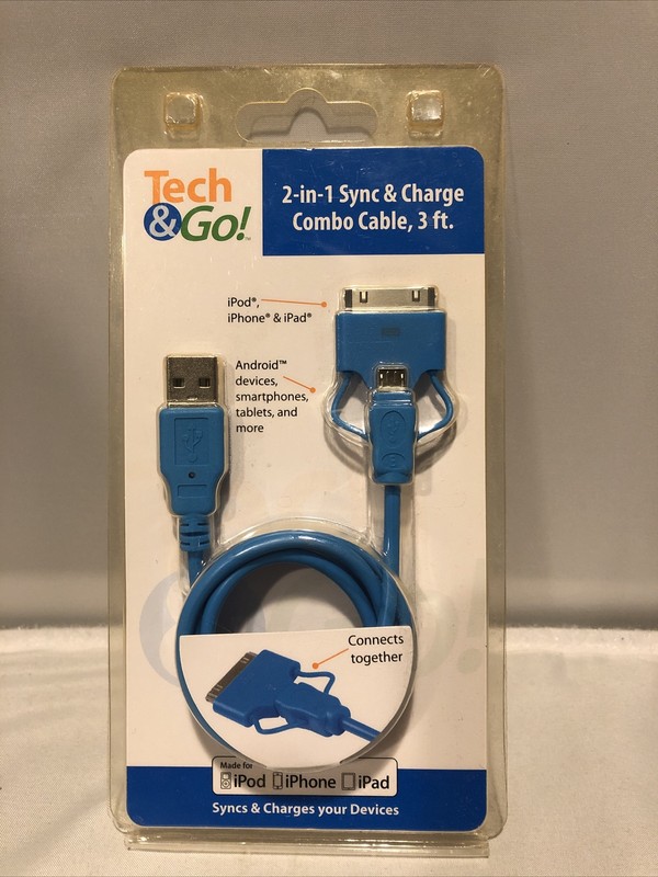 Tech&Go 2-in-1 Sync&Charge Combo Cable 3ft for 4S,4,3GS IPhone & IPad early GEN