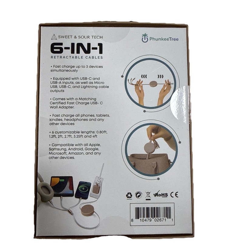 NEW Phunkee Tree 6-In-1 Retractable Cable SWEET SOUR TECH W/ FAST CHARGE ADAPTER gallery