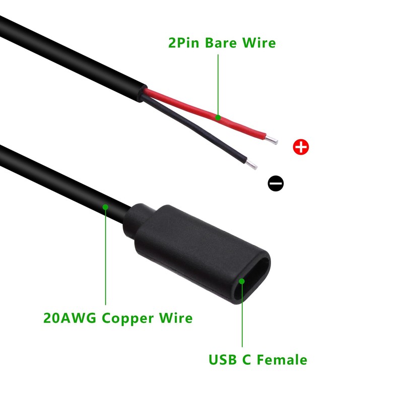 Xilaghy USB C Power Pigtail Cable 20AWG 5V USB Type C Female Plug to 2 Pin Ba... gallery