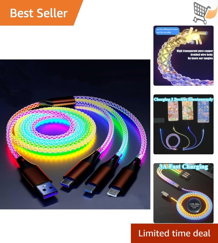 66W 3 in 1 LED Charging Cable RGB Flowing Light Fast Data USB Type C