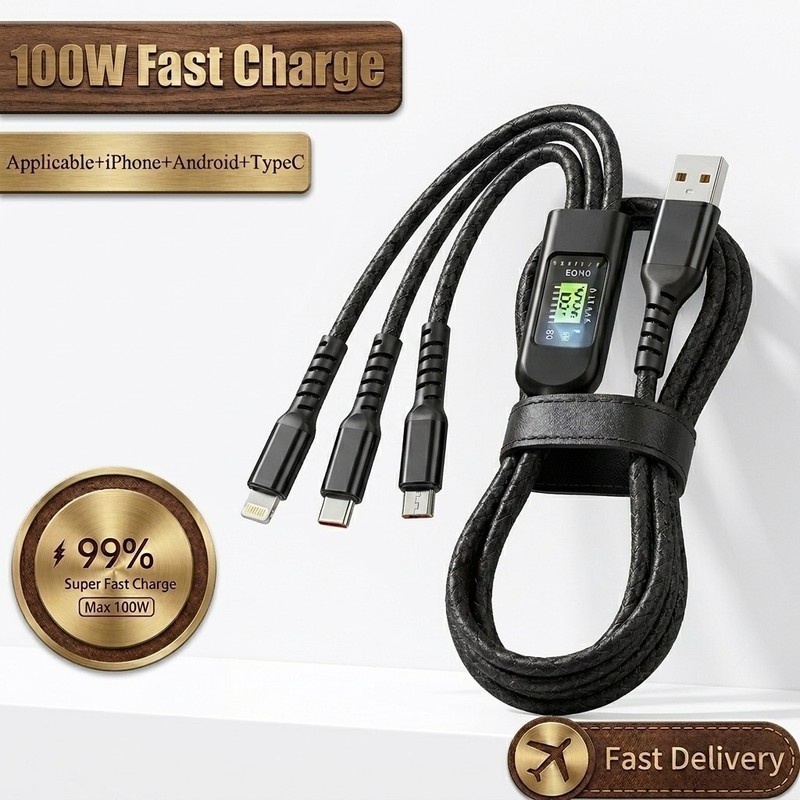 This is a 100W 3-in-1 braided fast charging cable that connects one USB-A source