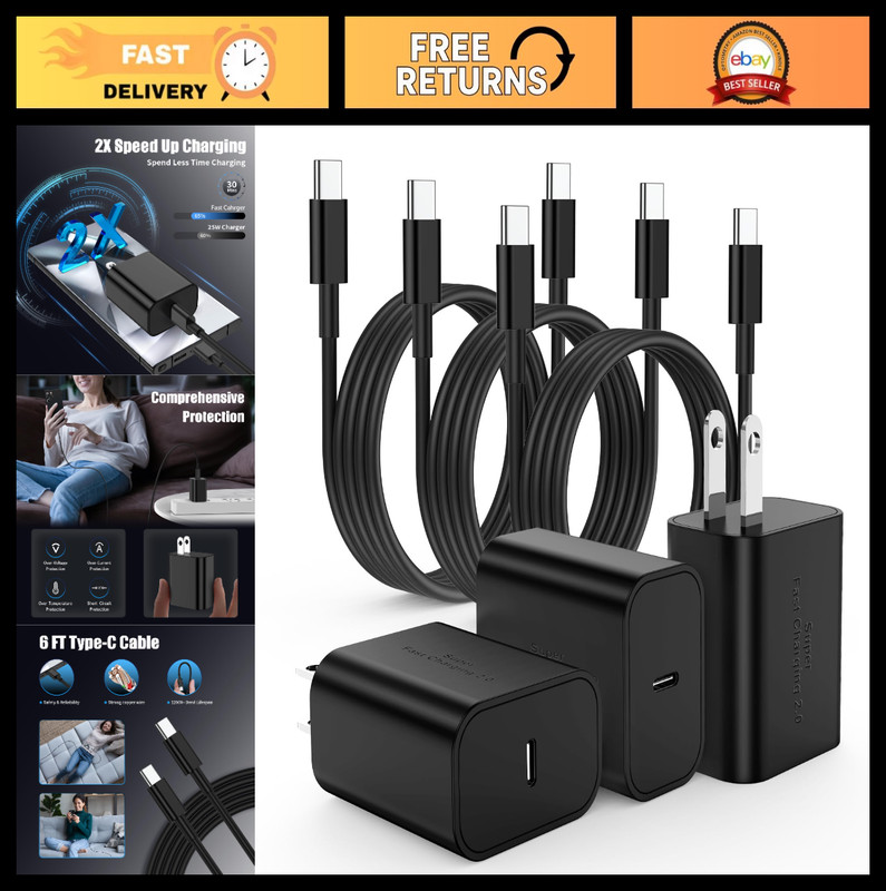 3-Pack USB C Charger Super Fast Charging with 6FT Type C Cable for Samsung Galax