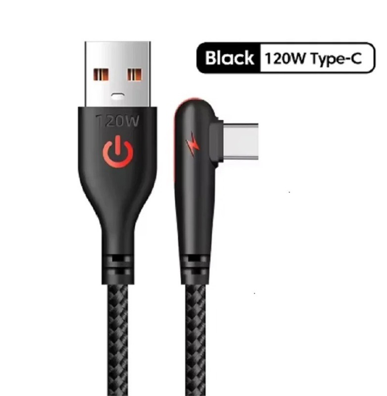 120W USB A to USB C Fast Charging Cable 90° Elbow Braided Data Cord 6A Nylon