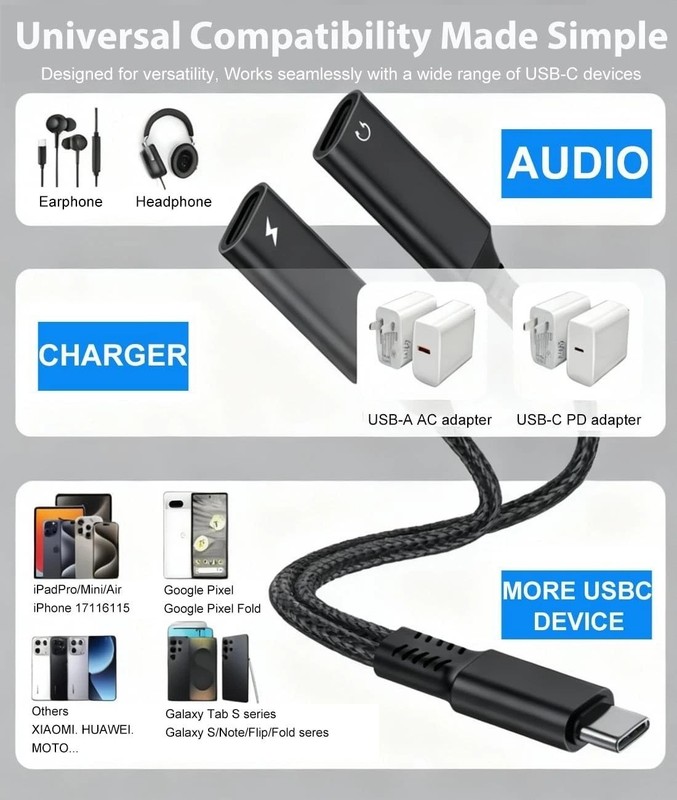 USB C Splitter,1 in 2 Out Dual USB C Type Headphone and Charger Audio Adapter... gallery