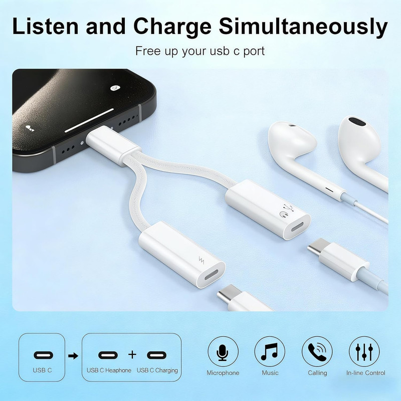 USB C Splitter 1 in 2 Out, Dual Usbc Charger and Headphone Adapter, USBC Splitte gallery