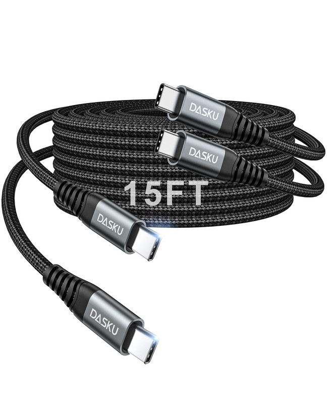 Extra Long USB C to C Cable 100W [15ft/2 Pack] Charger 15FT 2Pack, Black