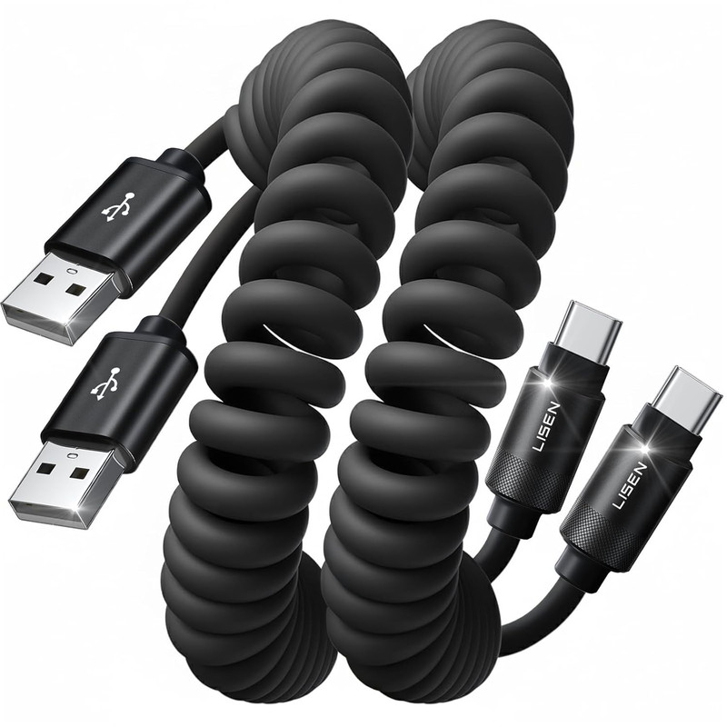 LISEN Coiled USB C Cable, 2 Pack for Android Auto & Carplay Cable, Short USB a t