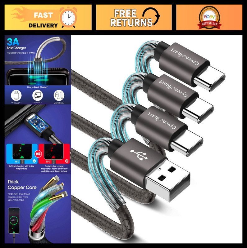 3-Pack 10ft USB C Charger Cable – Fast Charging for Samsung Galaxy & iPhone 15/1