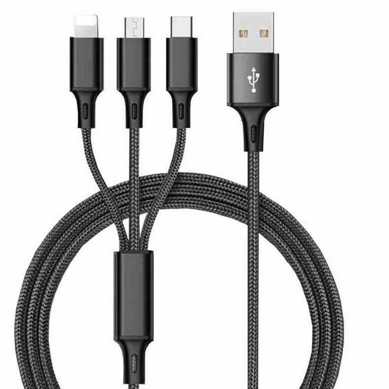 3in1 Multi Function SPLIT Cable Charger Universal Phone Charger Cord- BLACK x 3