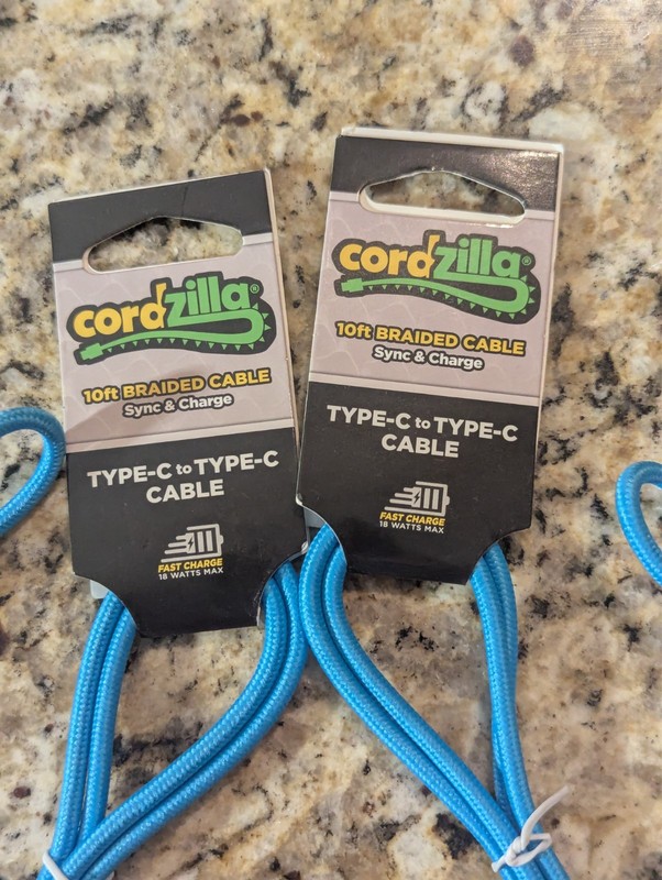Cordzilla 10 ft USB-C to USB-C Braided Sync & Charge Cable Long Bright Blue 2 PK gallery