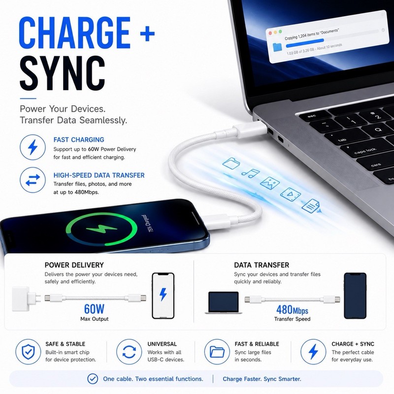 1-Pack USB-C to USB-C Cable 60W Fast Charging Braided Nylon 1M/3.3FT gallery