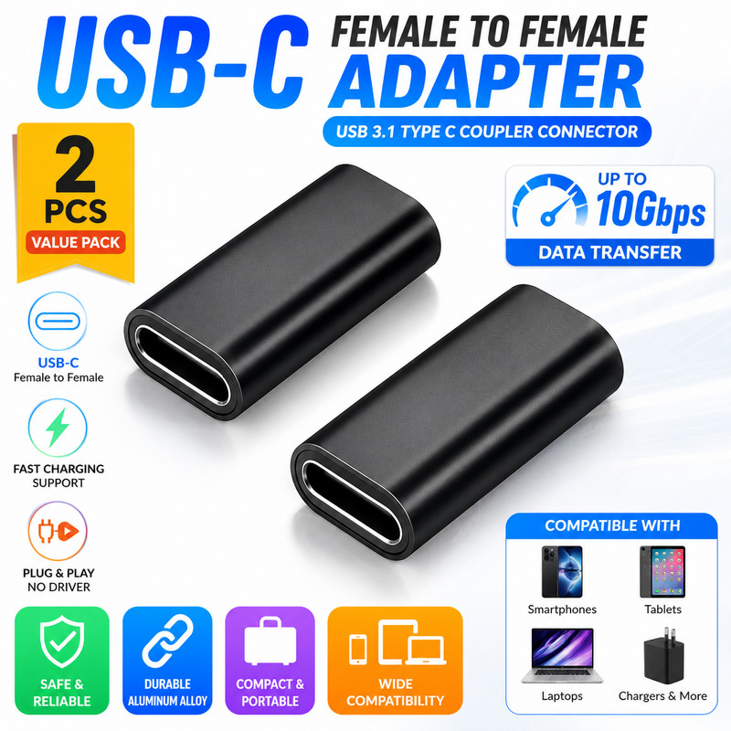 2PCS USB C Female to Female Adapter USB 3.1 Type C Coupler Connector Pack Black