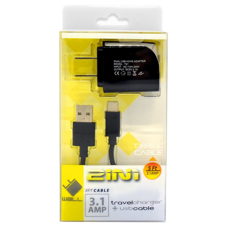 Universal 2 In 1 Dual USB Ports Travel Charger Adapter With 5 Ft Type-C USB Cabl