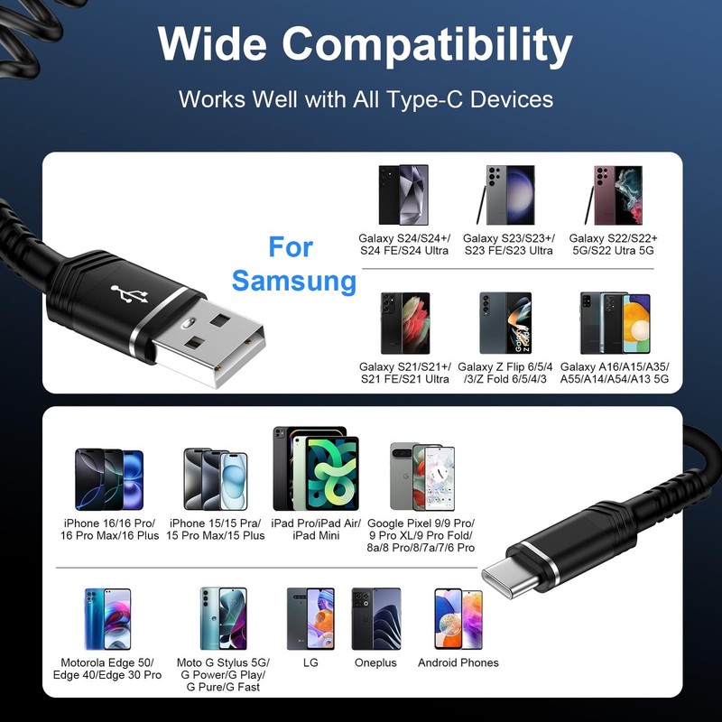 USB to C Coiled Cable Fast Charging 6FT, 6 feet (retractable), Black gallery