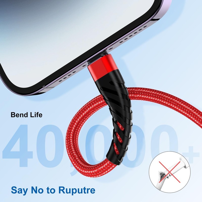 Versatile 3-Pack MFi Certified 10 Ft iPhone Charging Cables - Durable Red Design gallery