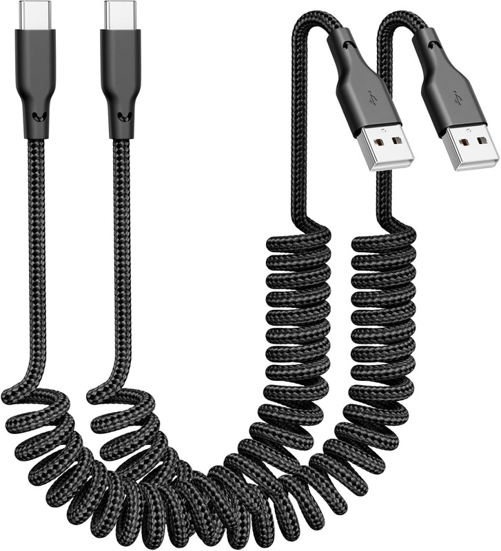 2-Pack Coiled USB-A to USB-C CarPlay Cable (3 Ft), Retractable Fast Charging Cab
