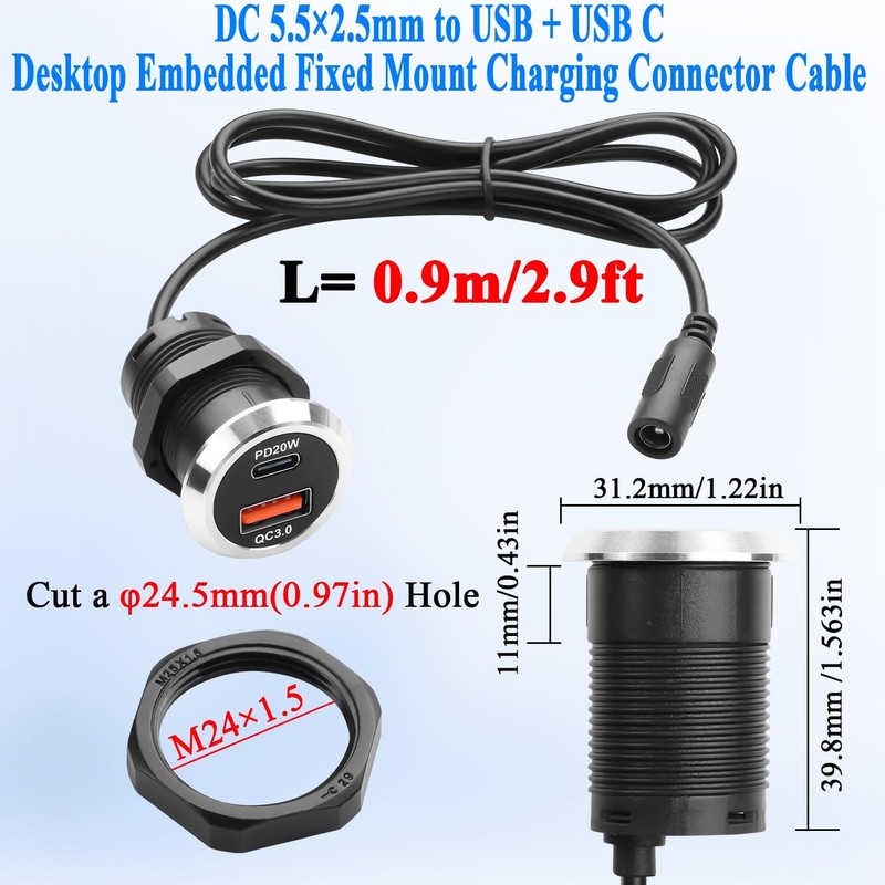 DC 5525 to USB A & USB C Desktop Flush Mount Charging Connector DC 5.5×2.5mm ... gallery