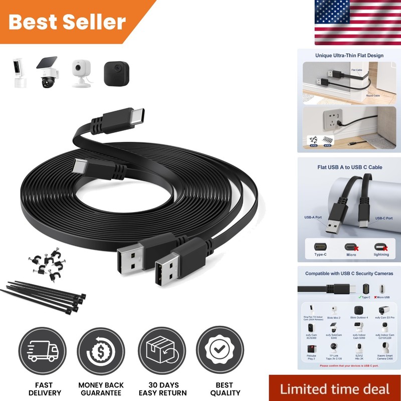 Extra Long 20FT USB C Power Cable – Durable Flat Design for Security Cameras