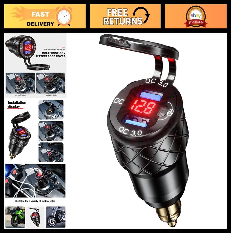 Aluminum DIN Plug USB Charger Dual Quick 3.0 Power Adapter for 12V-24V Motorcycl