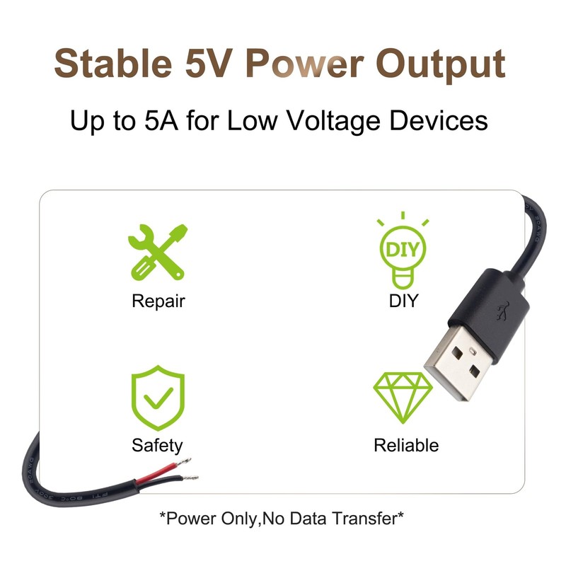 USB Power Cable to Bare Wire, 20AWG 1M USB-A Male Plug Pigtail, 5V 5A DIY Pow... gallery