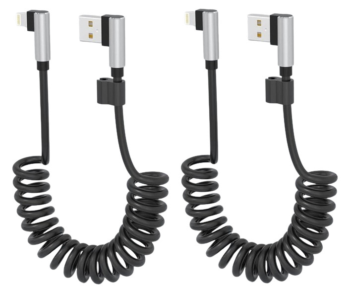 90 Degree Apple Carplay Cable Right Angle Coiled iPhone Charger for Car-2 Pack
