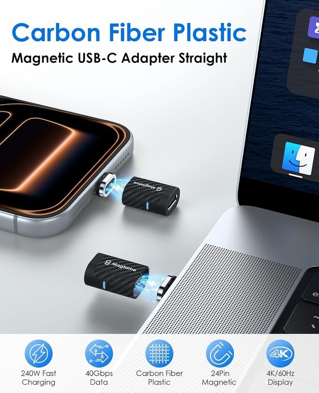 Magnetic USB C Adapter 24Pin 240W Carbon Fiber Plastic 1 Pack, Straight Type-... gallery
