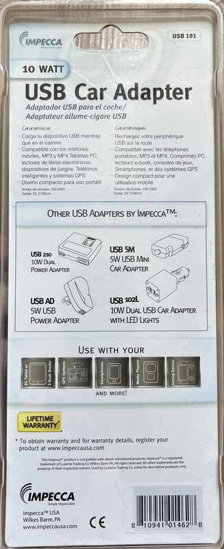 Impeca Black USB Car Adapter 10 Watt. Condition New. gallery