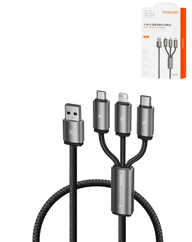 Toocki 3in1 Aluminum USB A to C + M + L Charging Data Cable (3ft) (18W)