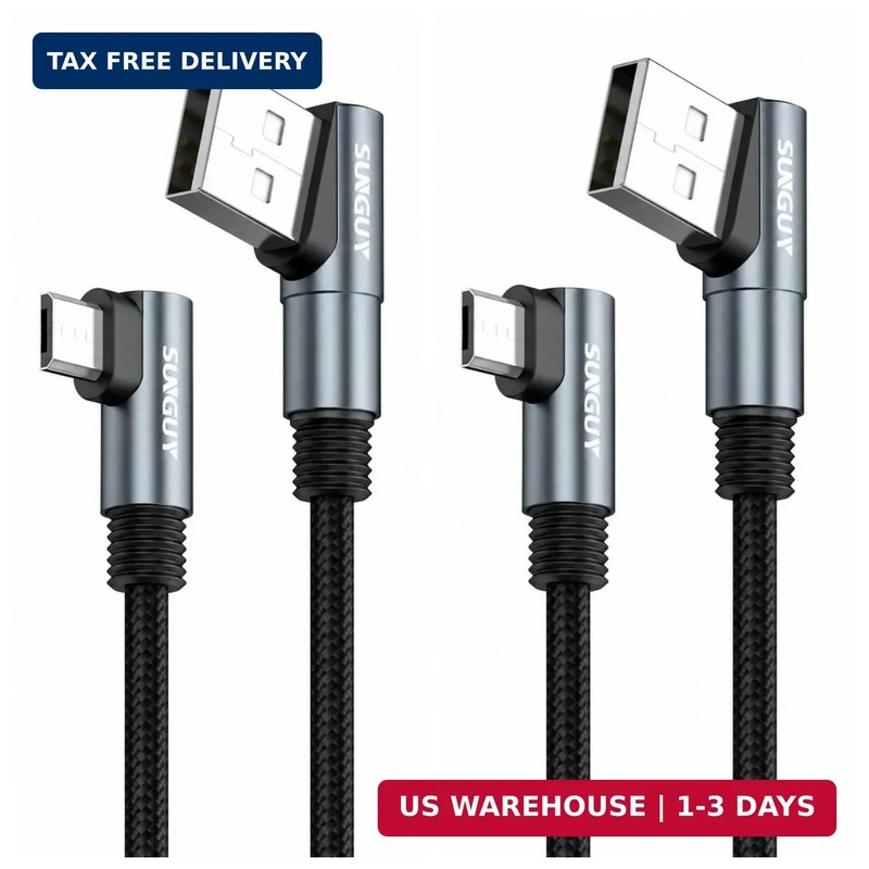 SUNGUY Micro USB Cable Right Angle for Android 2-Pack 2FT | 90 Degree Fast Charg