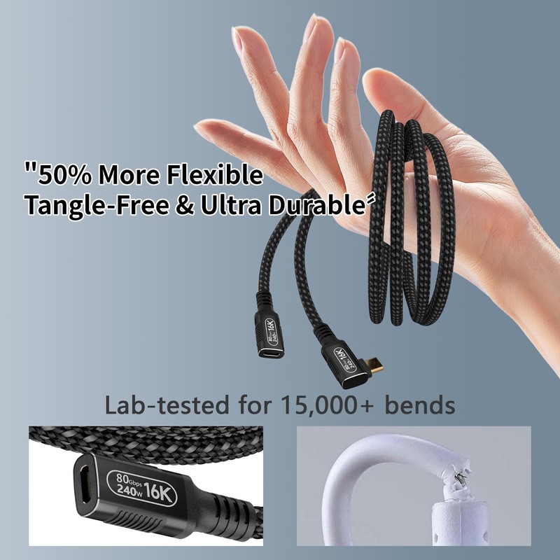 80Gbps USB C Extension Cable For Thunderbolt 5/4 3.3Ft/1m 90 Degree 240W 16K gallery