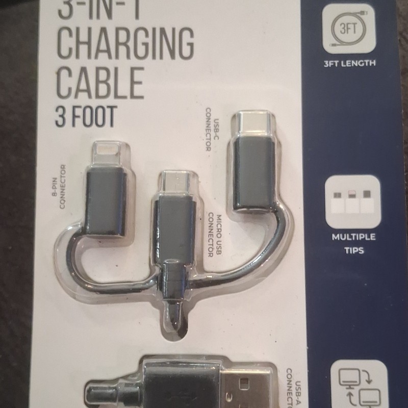 3-in-1 USB-A to USB-C, Micro-USB, 8-Pin Charging Cable 3 ft Gray/Silver