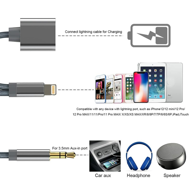 AUX and 3.5mm Headphone Charger 2in1 Nylon Braided Cable for iPhone (4 Colors) gallery