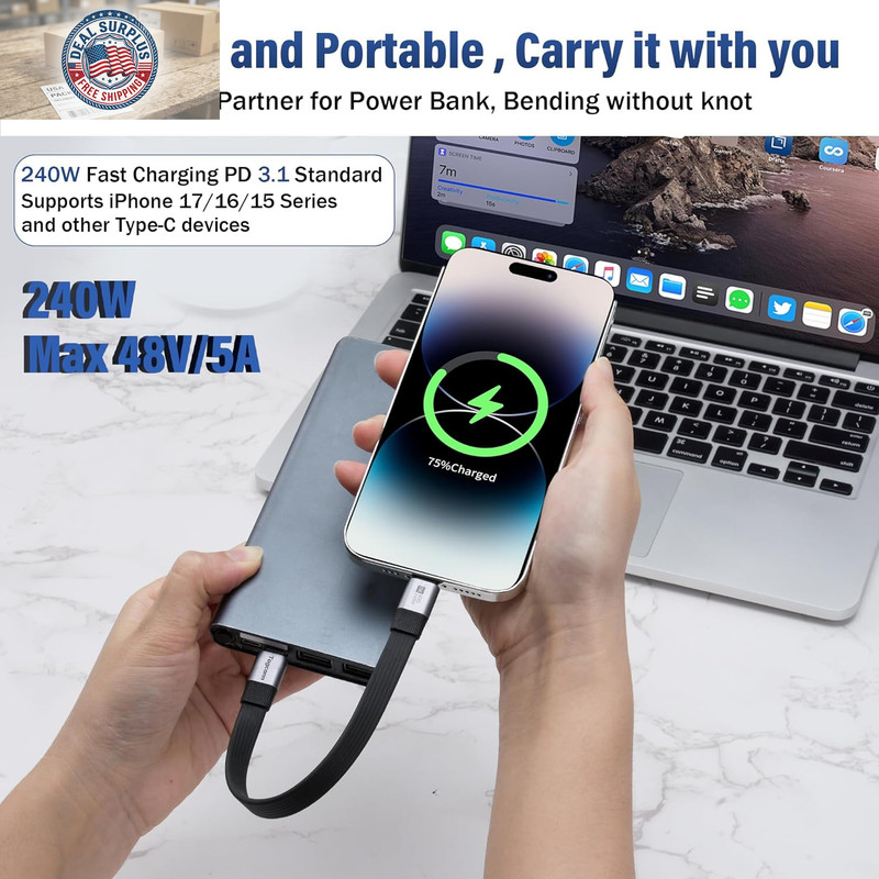 Short Flat USB C to USB C Cable 1Feet, Portable Keychain USB 4 Data Cable, PD 3. gallery