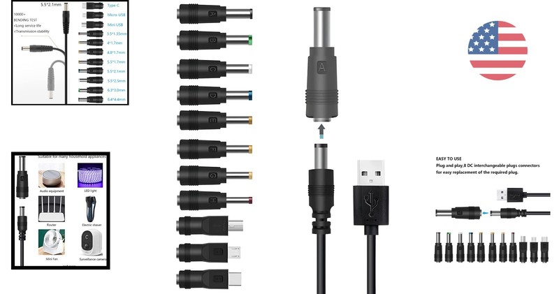 Durable USB to DC Power Cable, 11 Connectors for Mini Fans, LED Lights & More gallery