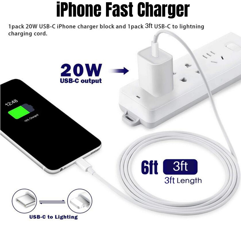 For iPhone 14/13/12/11/XS/XR Type C 20W PD Fast Charger Wall Adapter USB-C Cable gallery