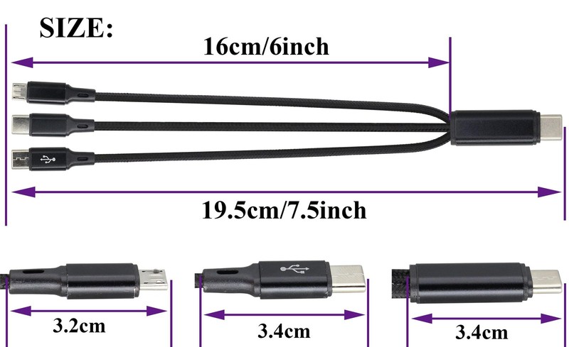2 Pack 20 Cm Multi USB C Y Splitter 2 Type C 1 Micro USB Male Charging Cord gallery