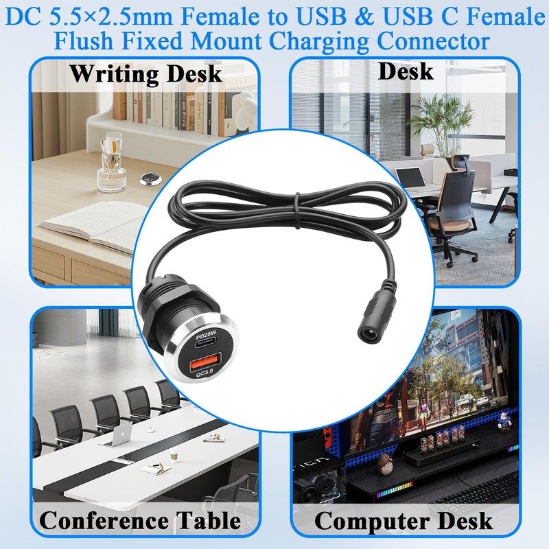 DC 5525 to USB A & USB C Desktop Flush Mount Charging Connector DC 5.5×2.5mm ... gallery