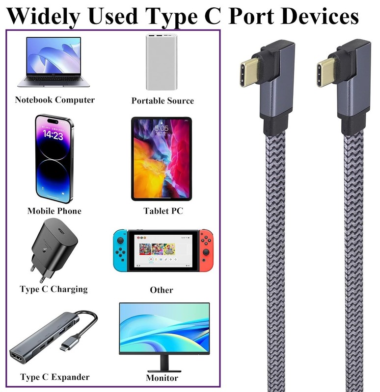 2Pack Right&Left Angle Braided Cable,60W 3A 90 Degree Tpye C USB 3.1 Gen2 Mal... gallery